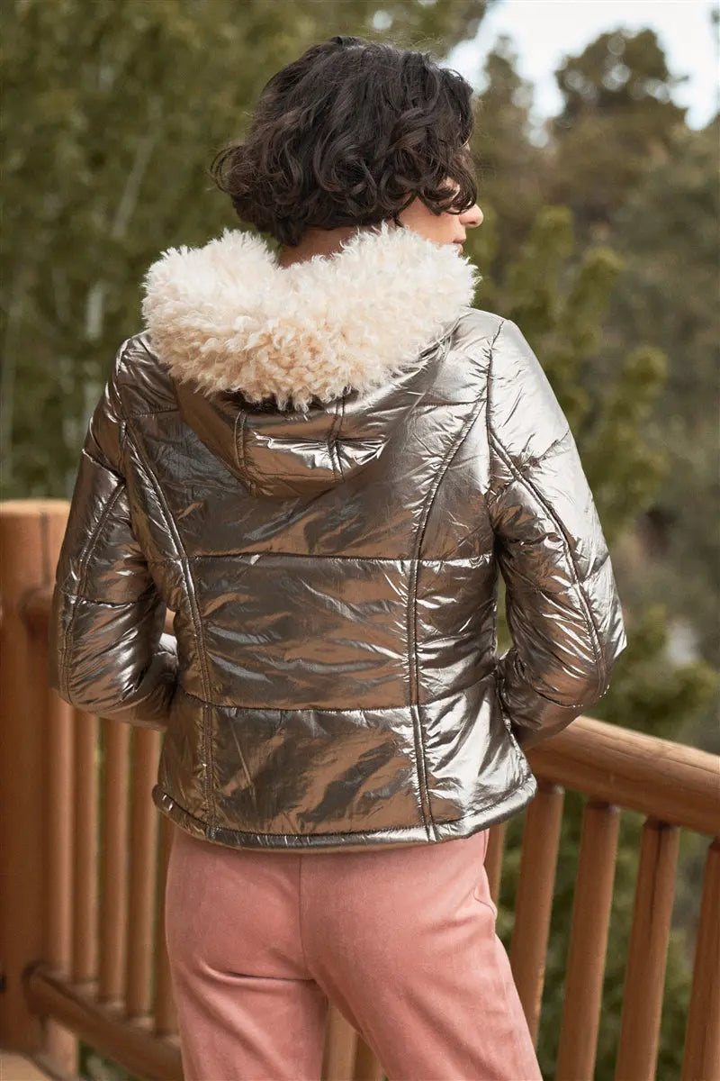Long Sleeve Fuzzy Faux Fur Hood Padded Jacket Sunny EvE Fashion