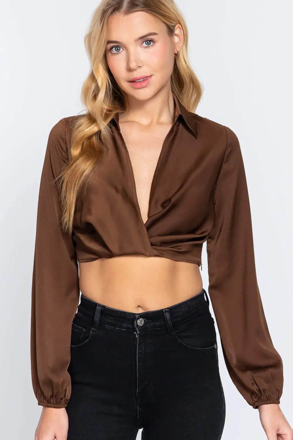 Long Sleeve Notched Collar Front Twisted Detail Crop Woven Top Sunny EvE Fashion