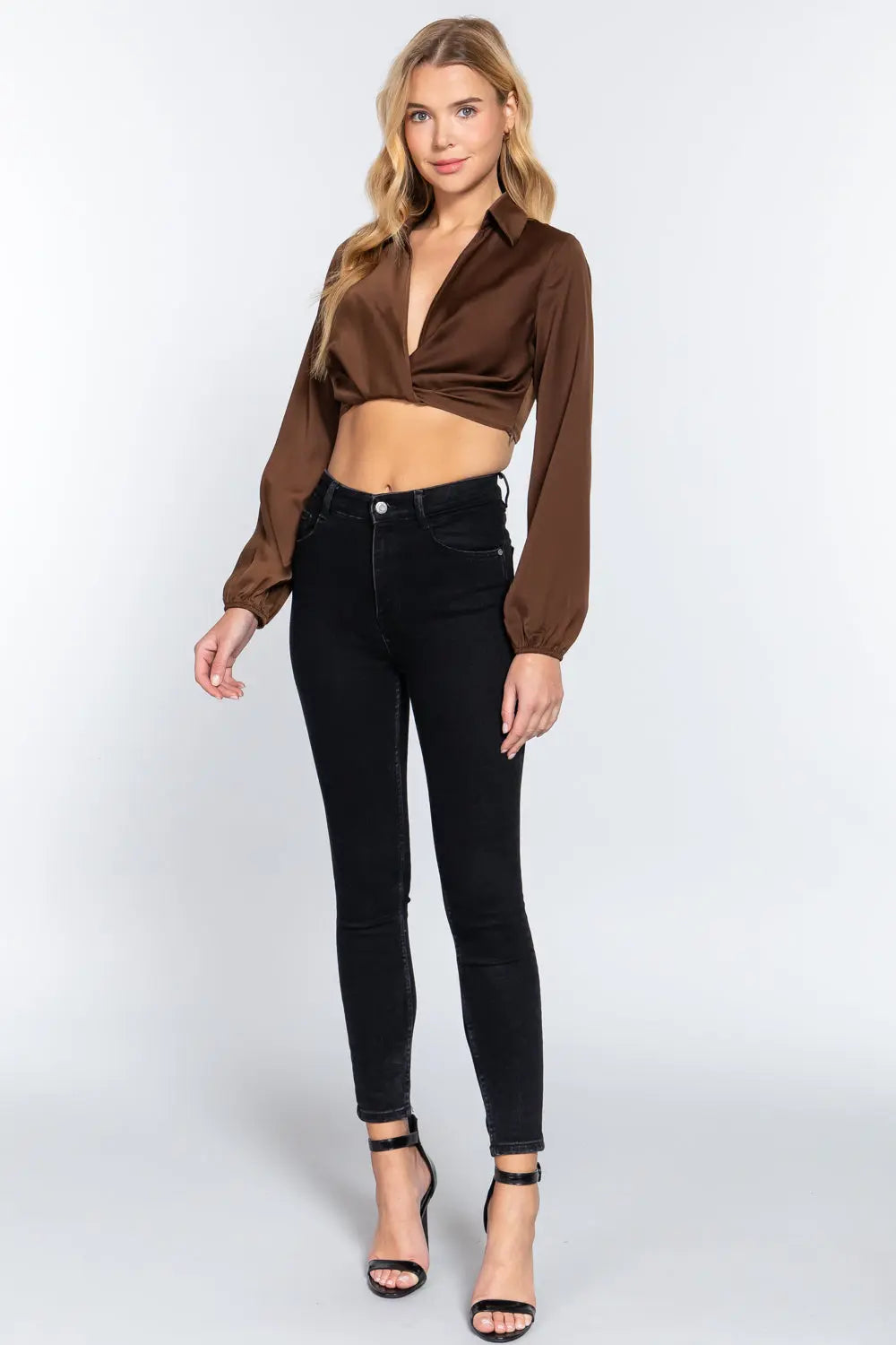 Long Sleeve Notched Collar Front Twisted Detail Crop Woven Top Sunny EvE Fashion