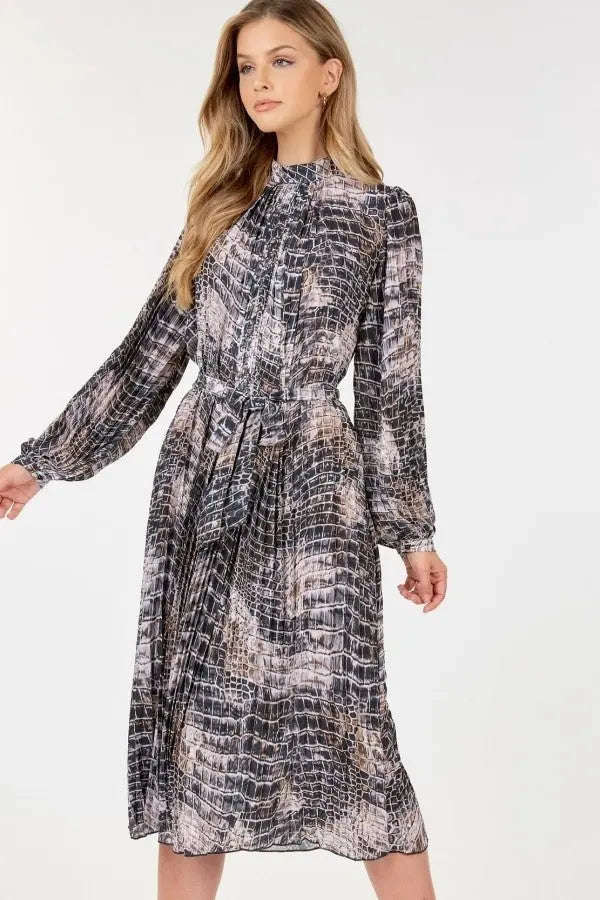 Long Sleeve Pleated Snake Skin Print Midi Dress Sunny EvE Fashion