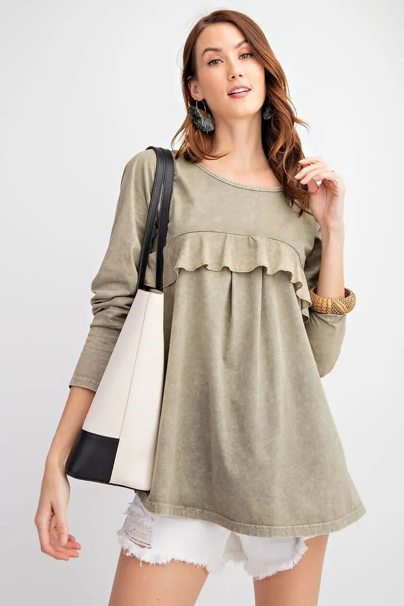 Long Sleeve Ruffled Detailing Oil Washed Knit Tunic Sunny EvE Fashion