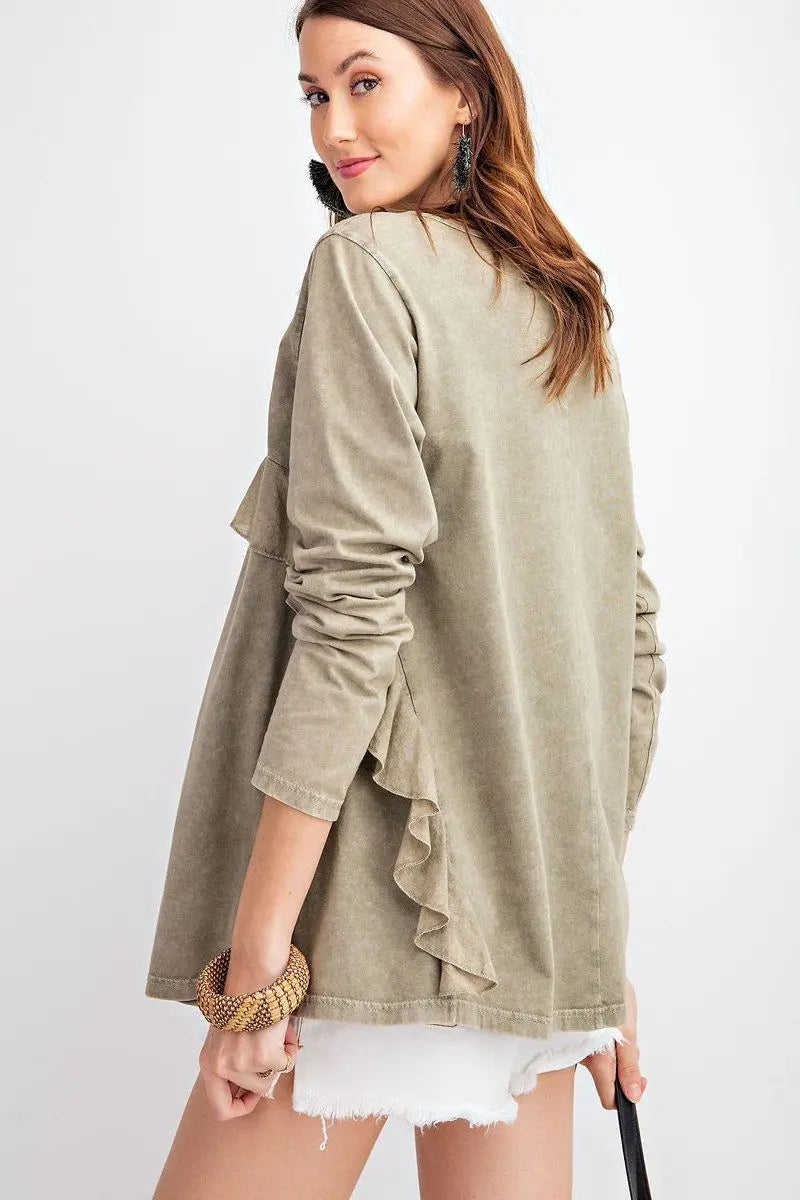 Long Sleeve Ruffled Detailing Oil Washed Knit Tunic Sunny EvE Fashion