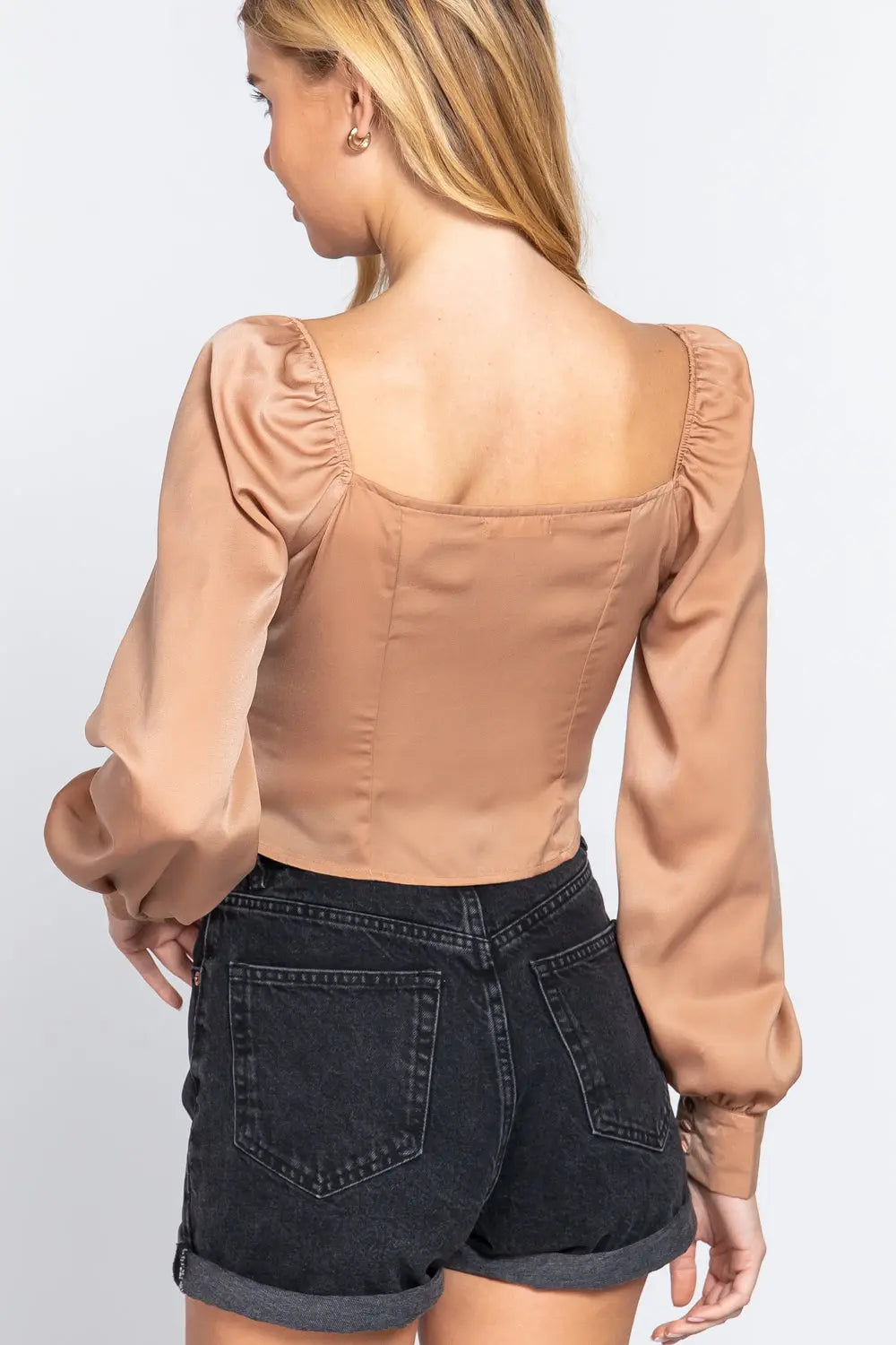 Long Sleeve Sweetheart Neck Front Ribbon Tie Detail Woven Top Sunny EvE Fashion