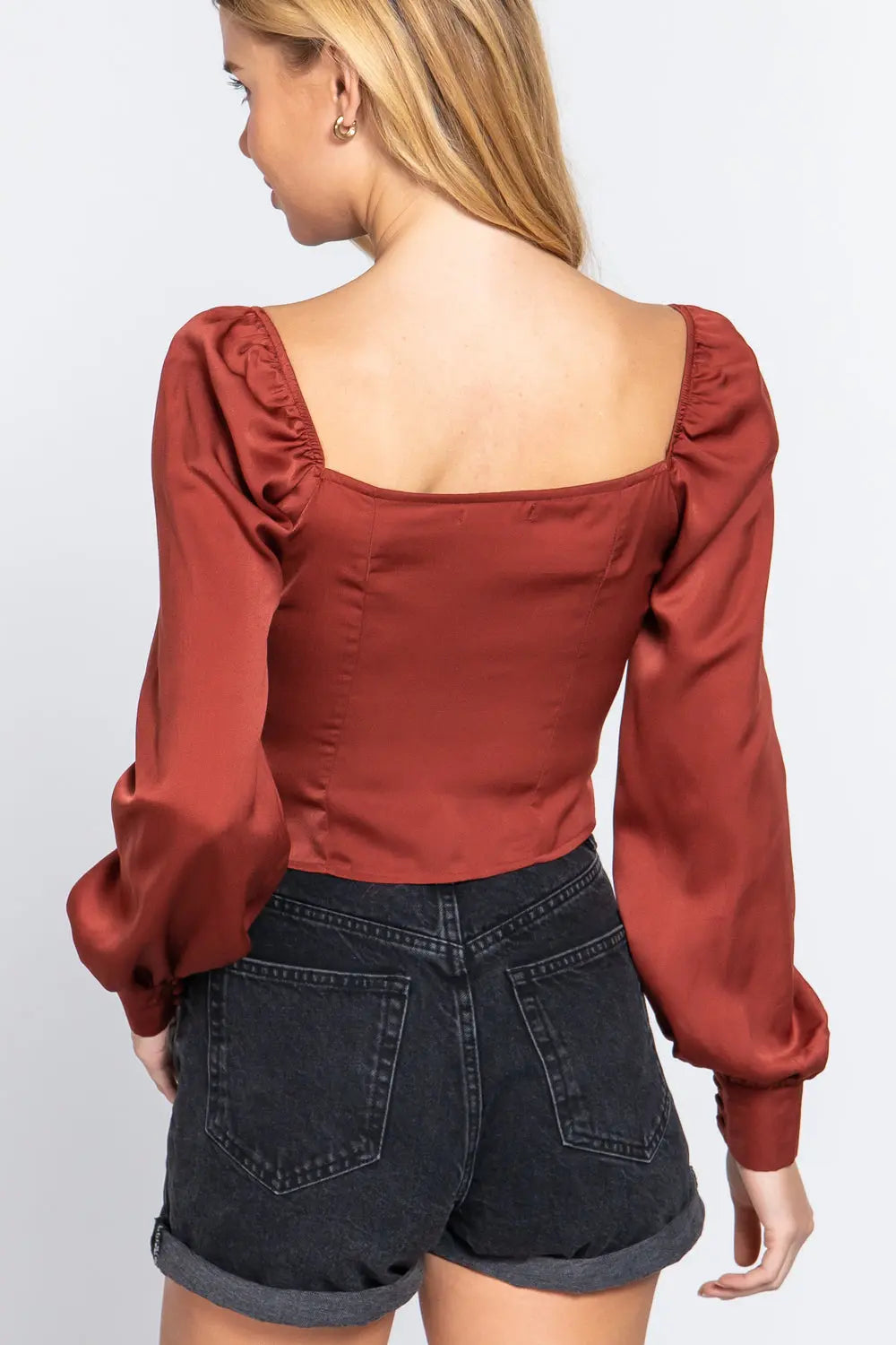 Long Sleeve Sweetheart Neck Front Ribbon Tie Detail Woven Top Sunny EvE Fashion