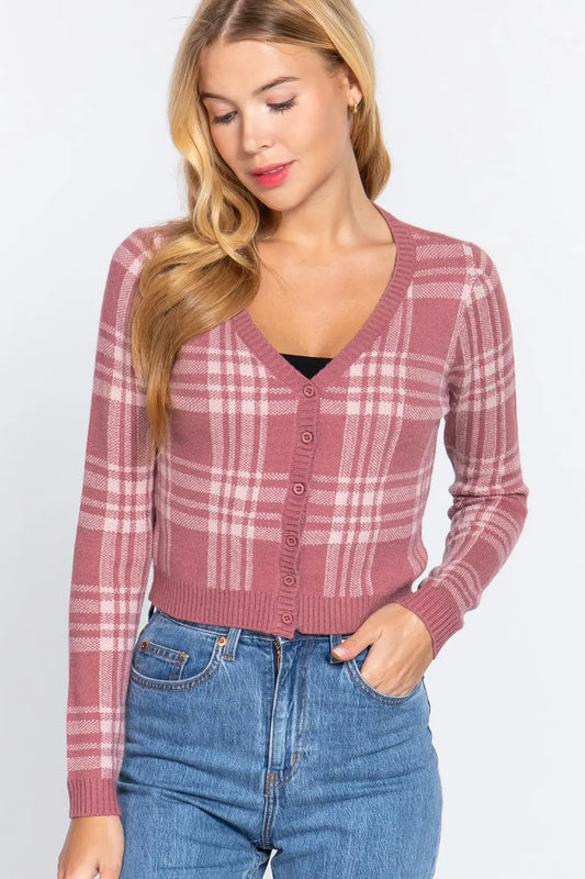 Long Sleeve V-neck Fitted Button Down Plaid Sweater Cardigan Sunny EvE Fashion