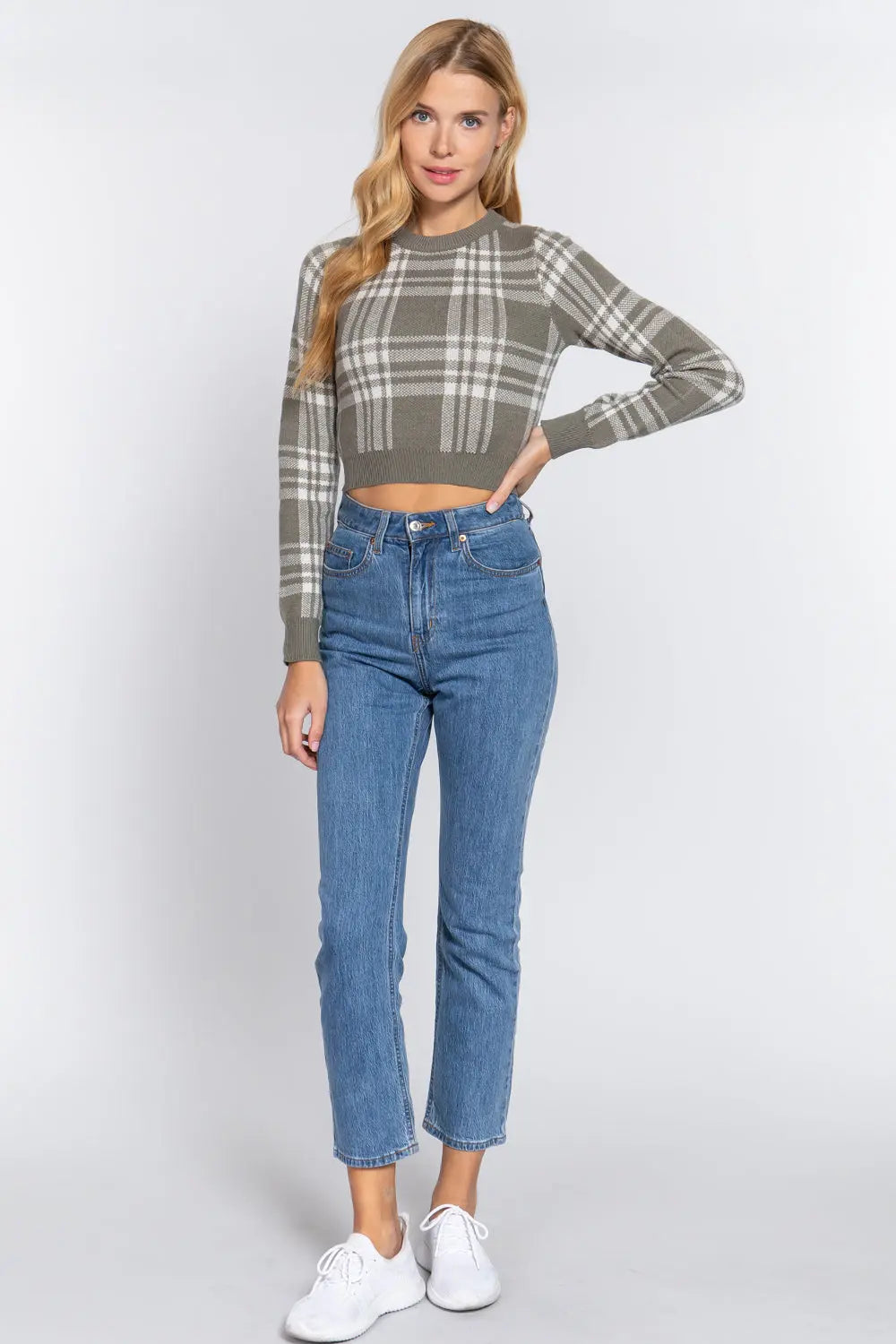 Long Slv Check Crop Sweater Sunny EvE Fashion
