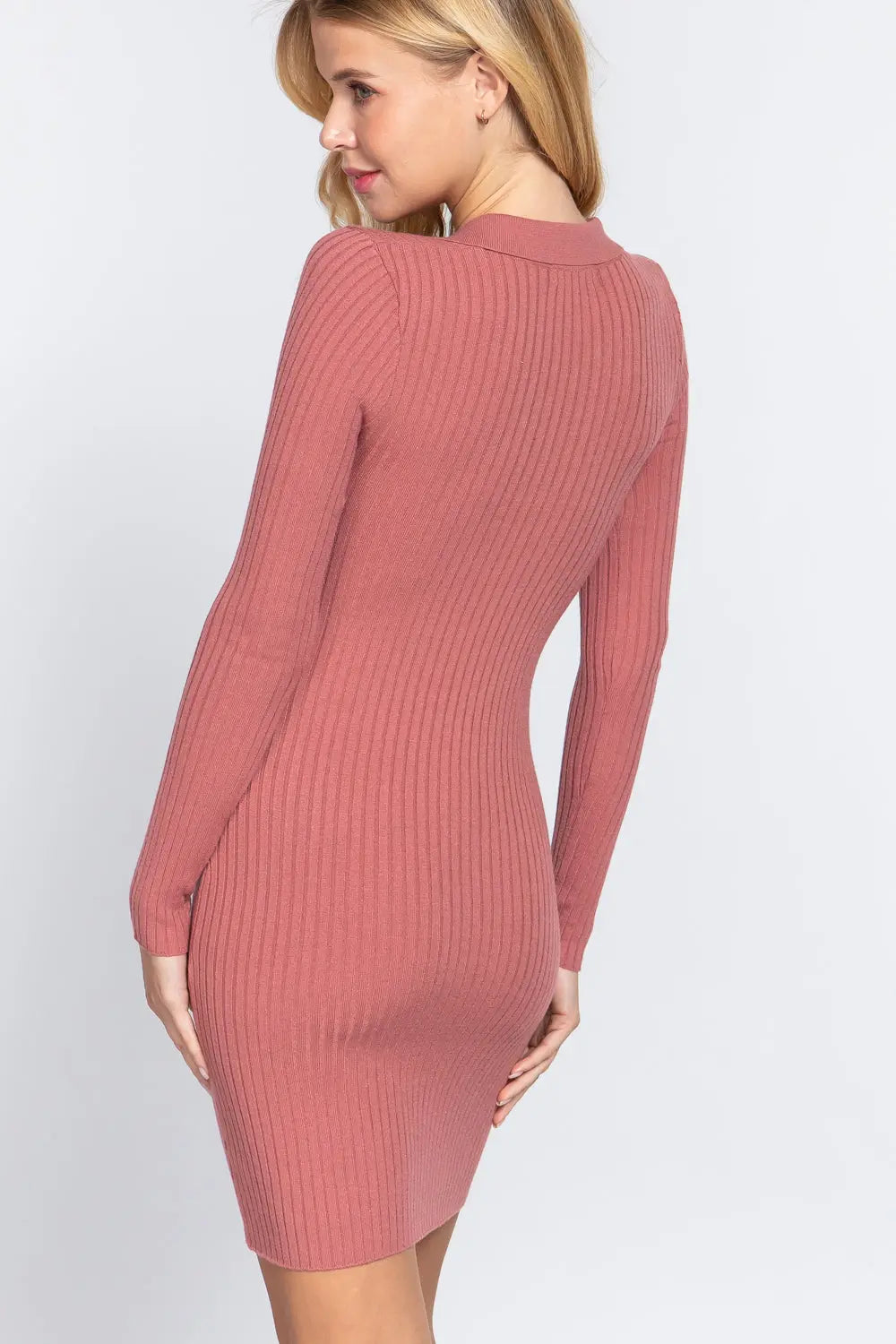 Long Slv V-neck Sweater Rib Mini Dress Sunny EvE Fashion