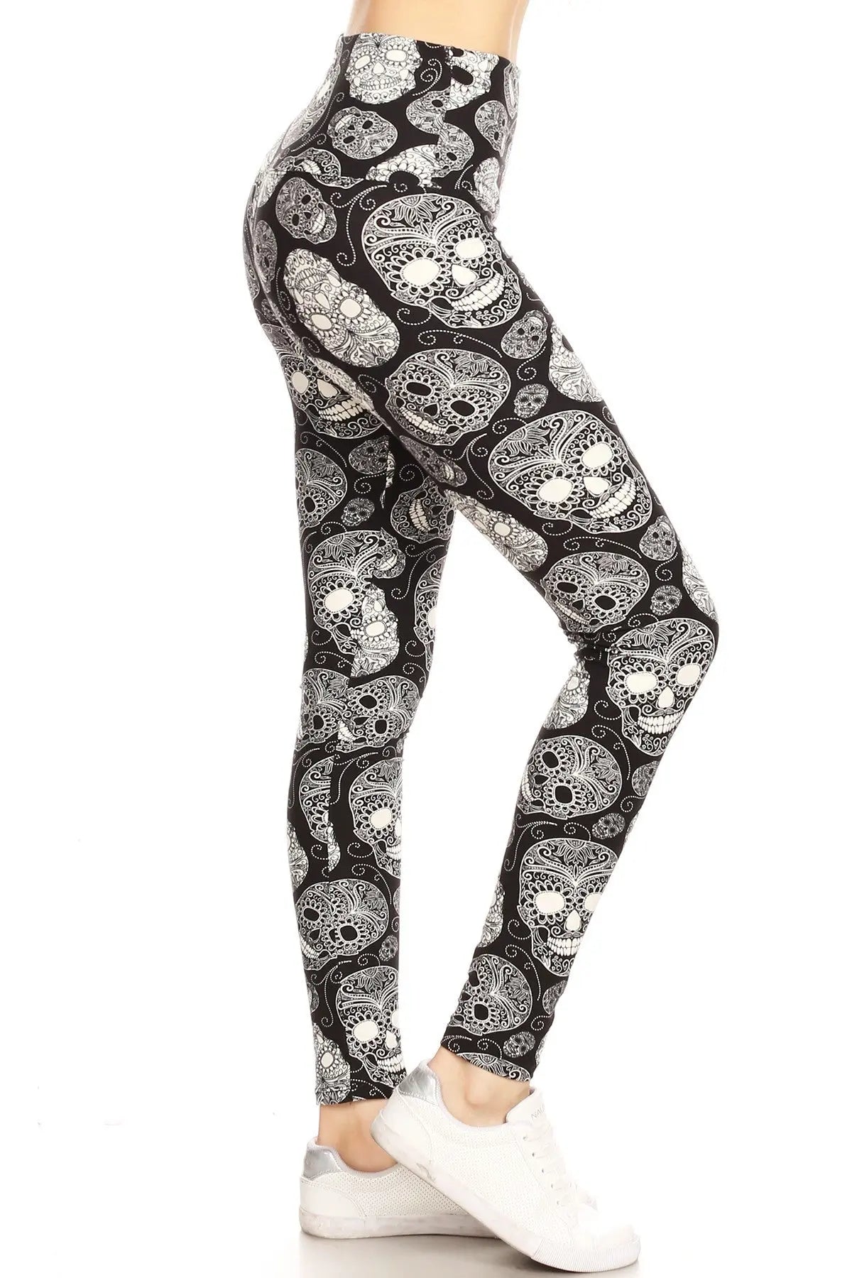 Long Yoga Style Banded Lined Skull Printed Knit Legging With High Waist Sunny EvE Fashion