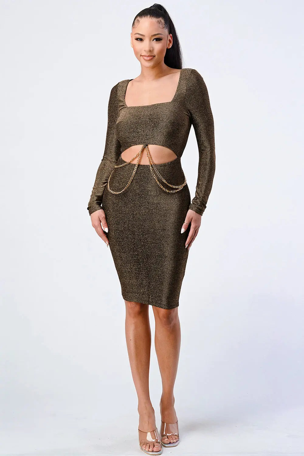 Luxe Waist Gold Chain Cut-out Detail Square Neck Glitter Bodycon Dress Sunny EvE Fashion