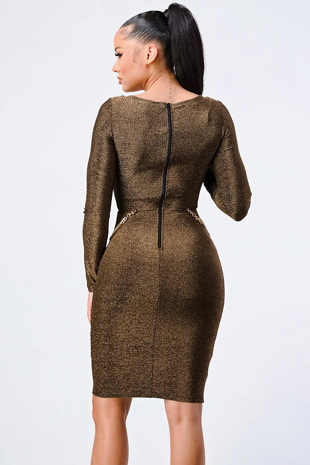 Luxe Waist Gold Chain Cut-out Detail Square Neck Glitter Bodycon Dress Sunny EvE Fashion