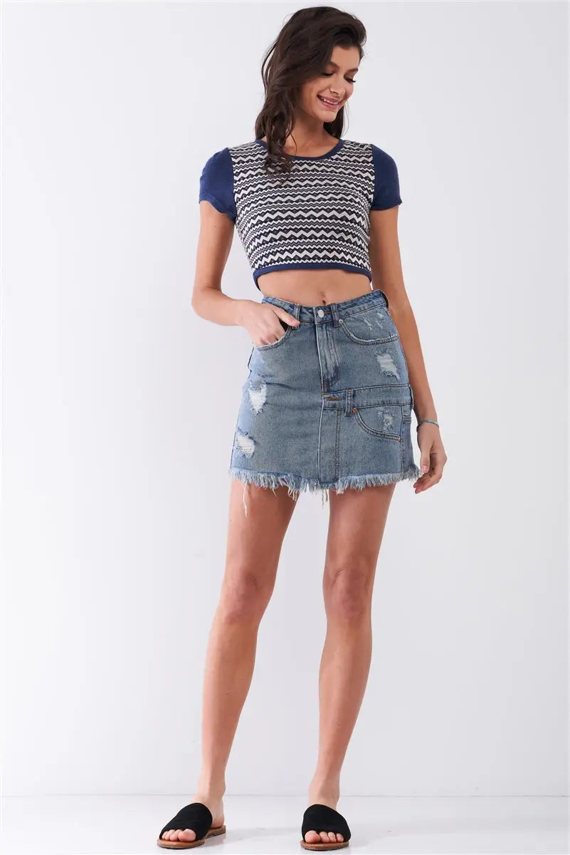 Medium Blue Denim High-waist Distressed Effect Asymmetrical Trim Raw Hem Detail Mini Skirt Sunny EvE Fashion