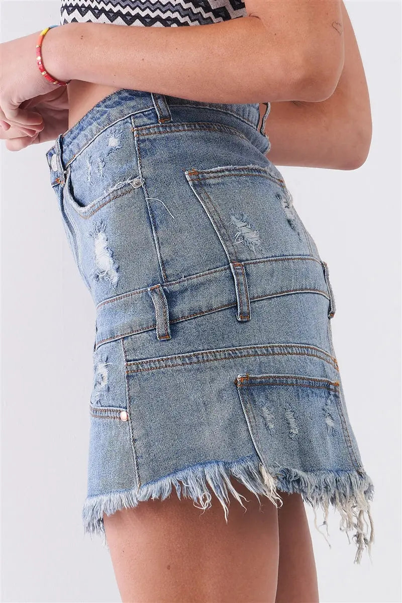 Medium Blue Denim High-waist Distressed Effect Asymmetrical Trim Raw Hem Detail Mini Skirt Sunny EvE Fashion
