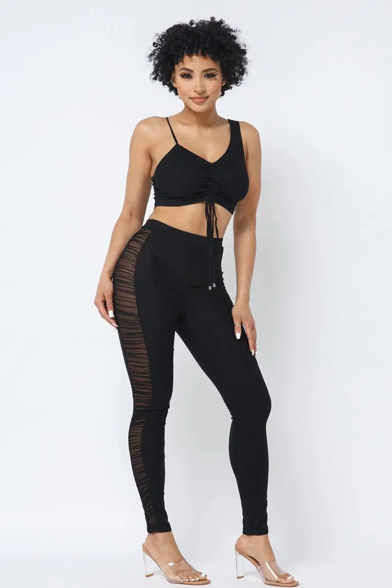 Mesh Strappy Adjustable Ruched Crop Top With Matching See Through Side Panel Leggings Sunny EvE Fashion