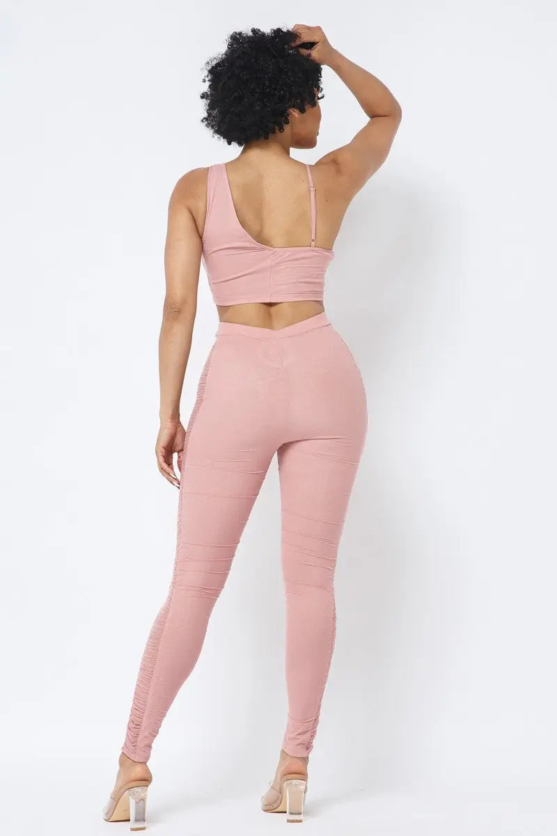 Mesh Strappy Adjustable Ruched Crop Top With Matching See Through Side Panel Leggings Sunny EvE Fashion