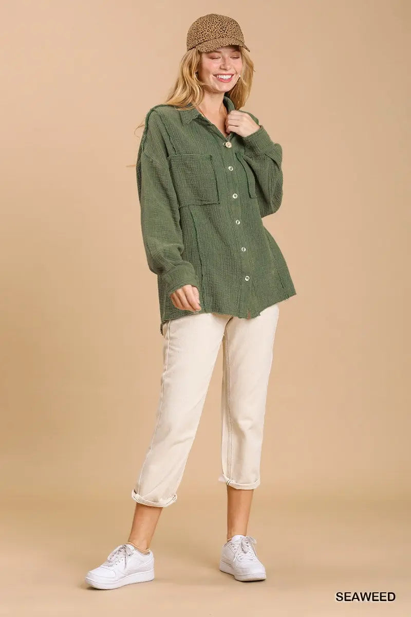 Mineral wash button down top with high low hem Sunny EvE Fashion