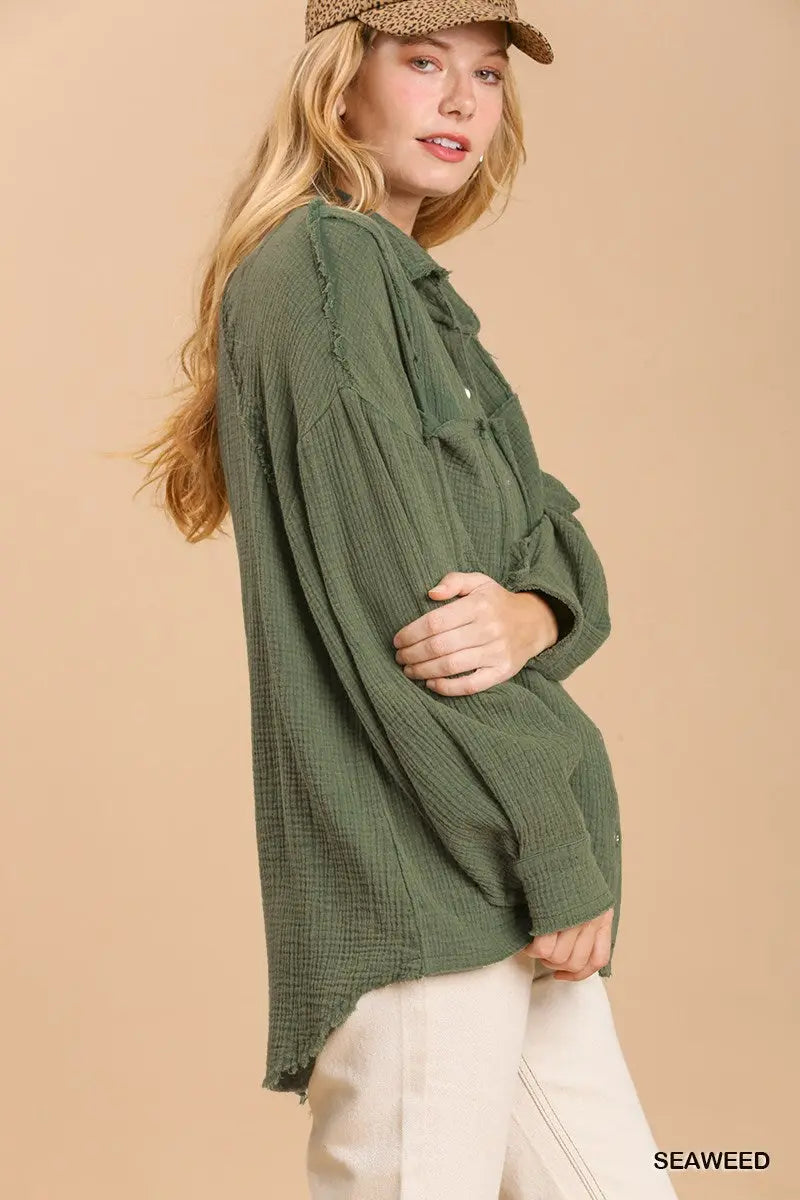 Mineral wash button down top with high low hem Sunny EvE Fashion