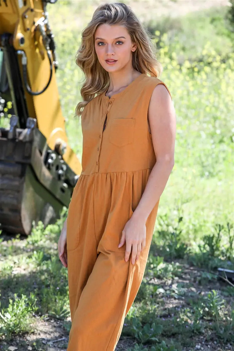 Mustard Cotton Front Button Up Detail Sleeveless Jumpsuit Sunny EvE Fashion