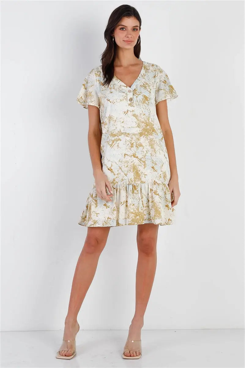 Olive & Taupe Color Paint Print Ruffle Hem Button Up Detail Mini Dress Sunny EvE Fashion