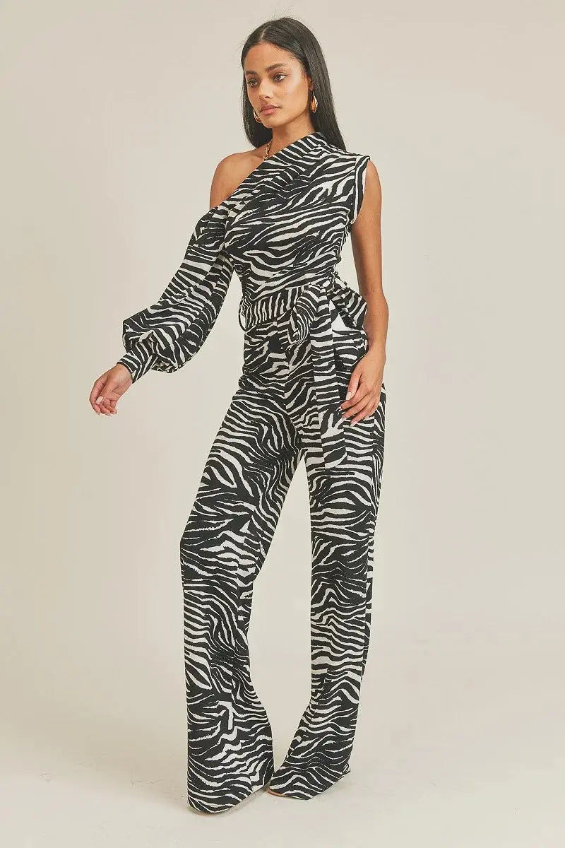 One Shoulder Zebra Print Jumpsuit Sunny EvE Fashion