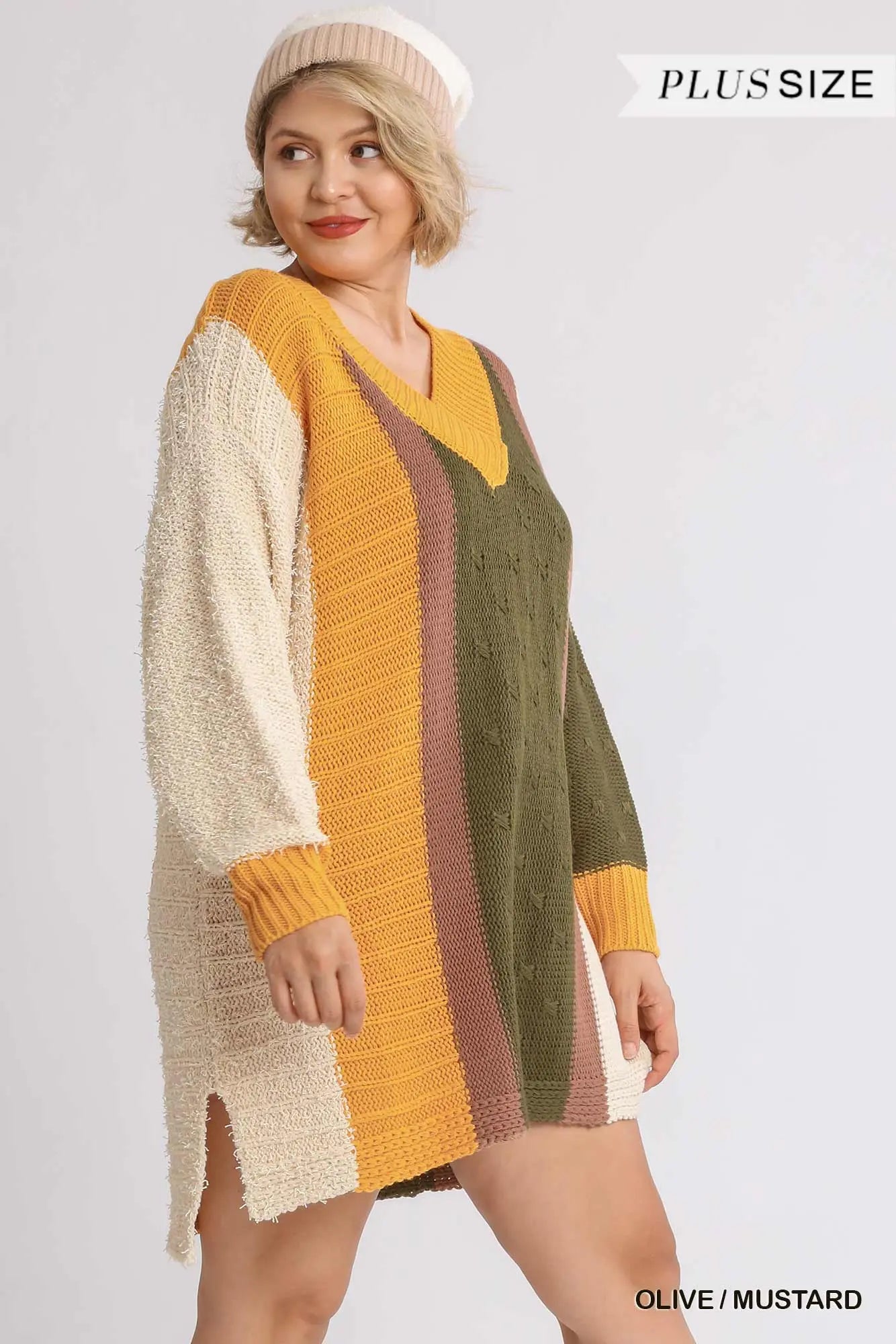 Oversized Multicolor Bouclé V-neck Pullover Sweater Dress With Side Slit Sunny EvE Fashion