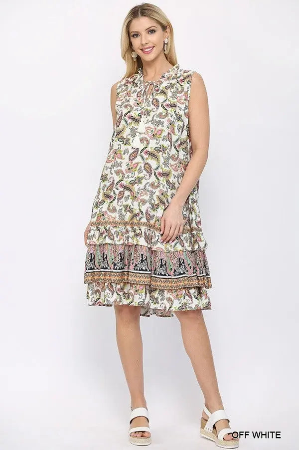 Paisley Print And Drop Down Sleeveless Dress With Ruffle Tiered And Tassel Tie Sunny EvE Fashion