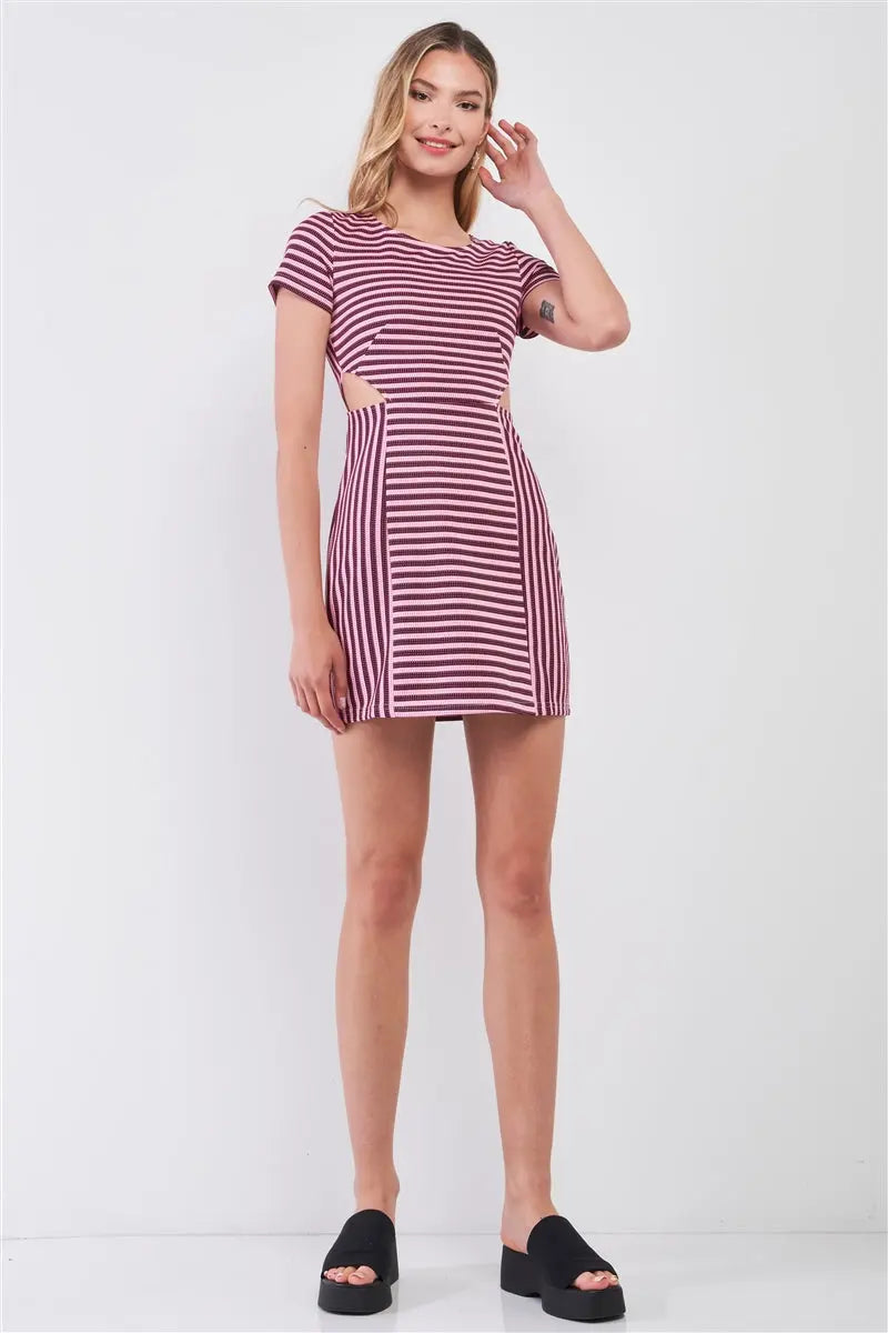 Pink & Black Striped Short Sleeve Cut-out Detail Tight Fit Mini Dress Sunny EvE Fashion