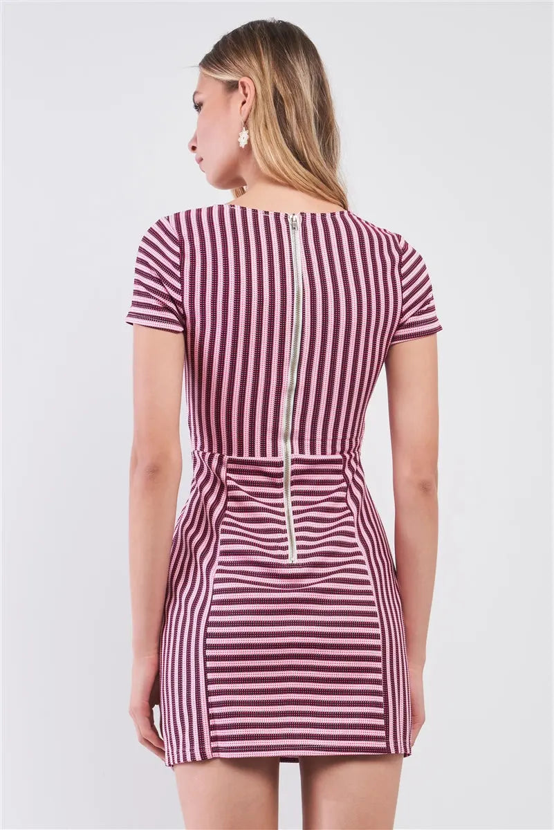 Pink & Black Striped Short Sleeve Cut-out Detail Tight Fit Mini Dress Sunny EvE Fashion