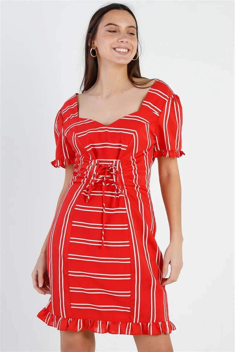 Red Stripe Lace Up Front Detail Ruffle Trim Balloon Sleeve Dress Sunny EvE Fashion