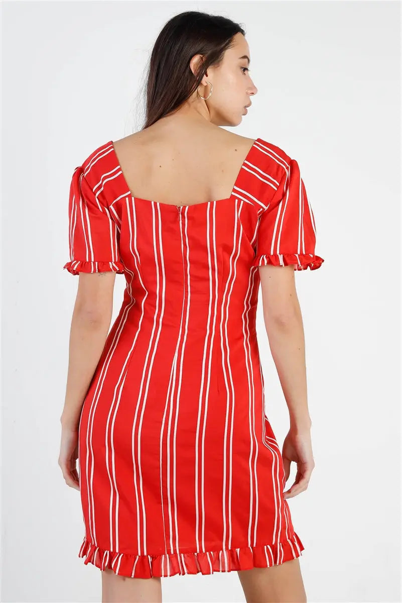 Red Stripe Lace Up Front Detail Ruffle Trim Balloon Sleeve Dress Sunny EvE Fashion