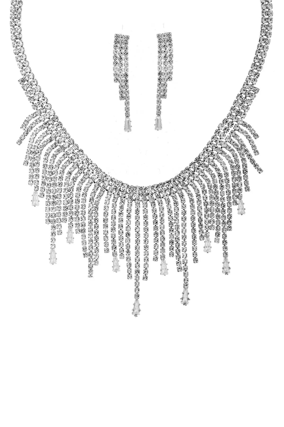 Rhinestone Crystal Baguette Fringe Necklace And Earring Set Sunny EvE Fashion