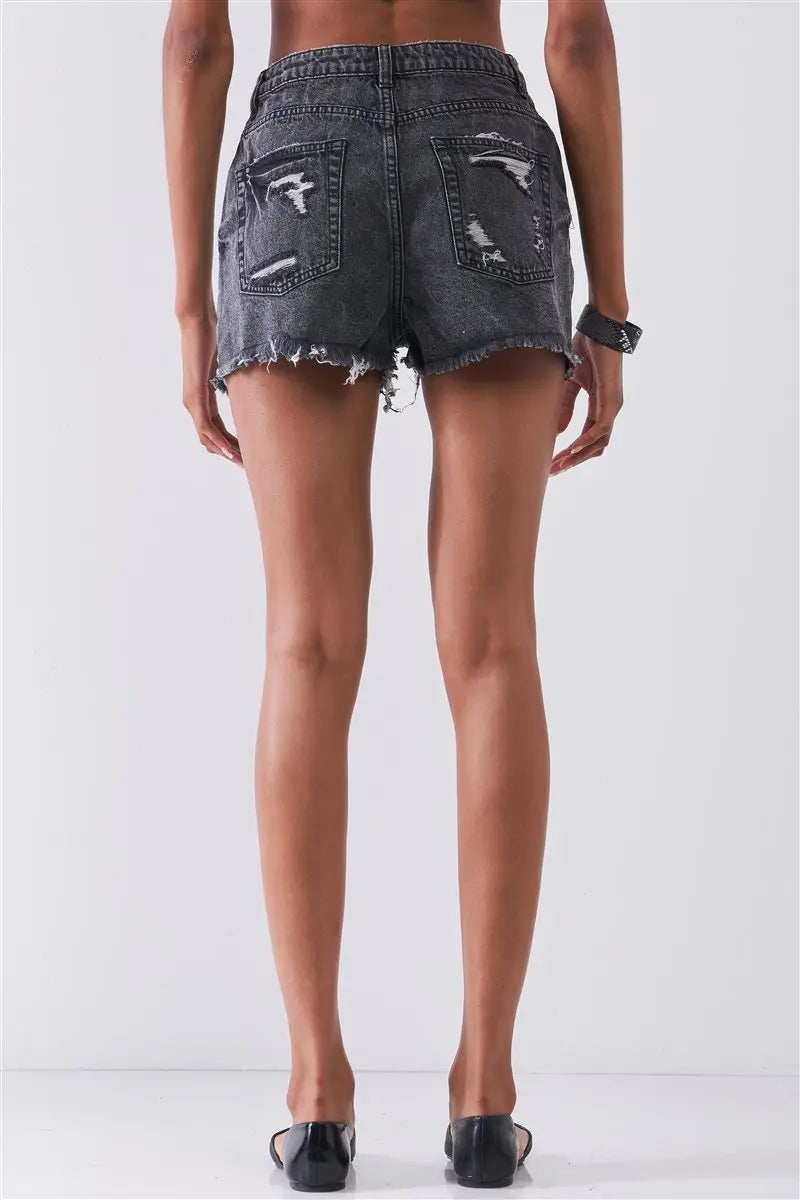 Ripped High-waist Front Zip-up Raw Hem Detail Distressed Mini Shorts Sunny EvE Fashion