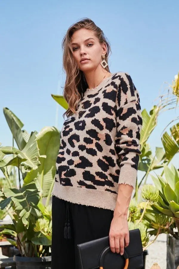 Round Neck Long Sleeve Frayed Edge Leopard Print Sweater Sunny EvE Fashion