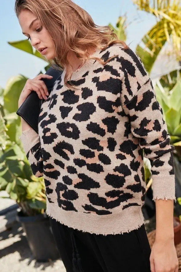 Round Neck Long Sleeve Frayed Edge Leopard Print Sweater Sunny EvE Fashion