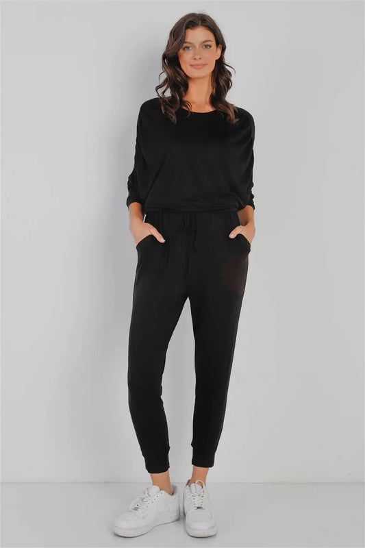 Ruched Detail Dolman Midi Sleeve Fitted Waistline Jumpsuit Sunny EvE Fashion