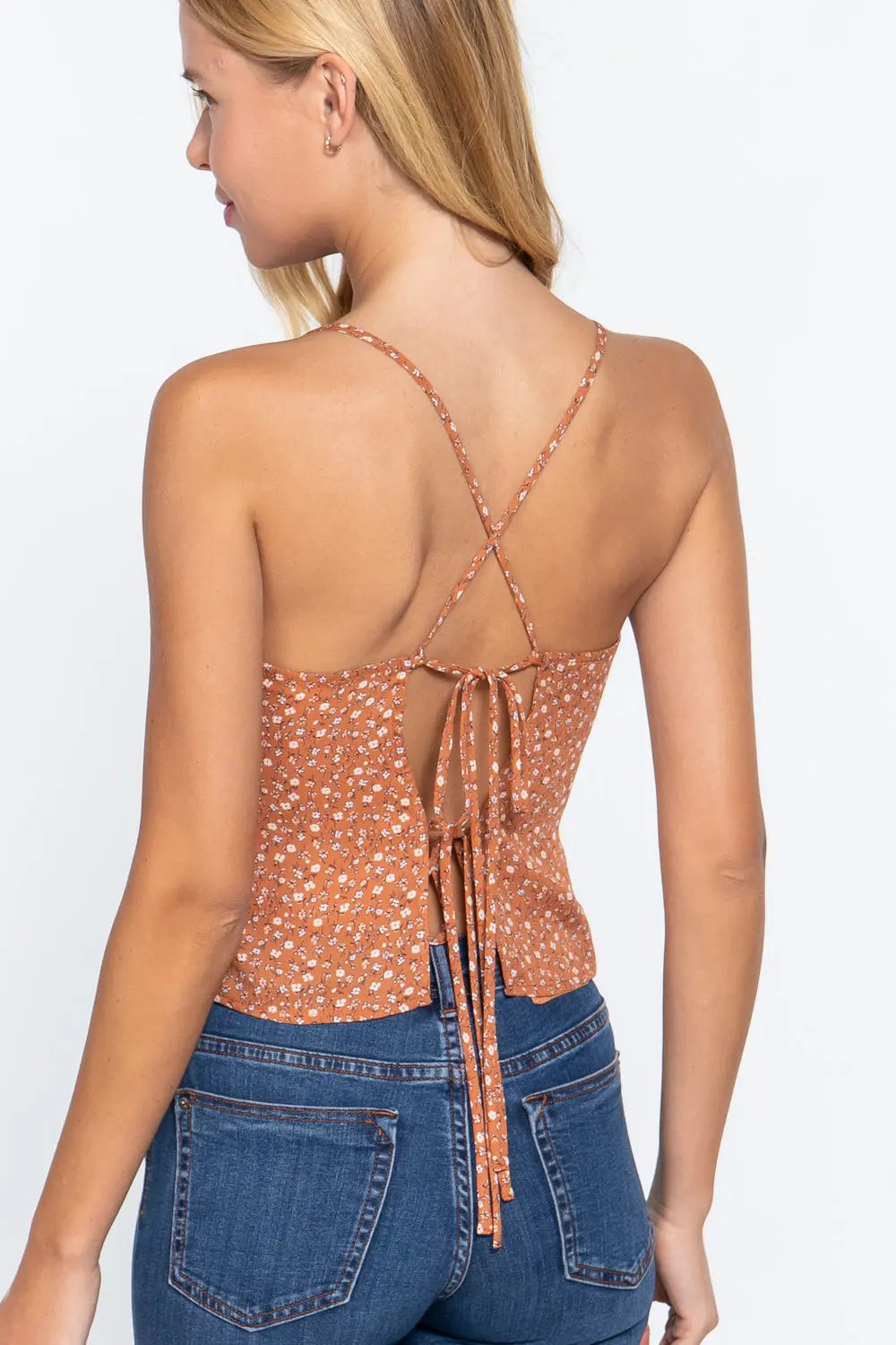 Ruched Open Back Print Cami Woven Top Sunny EvE Fashion