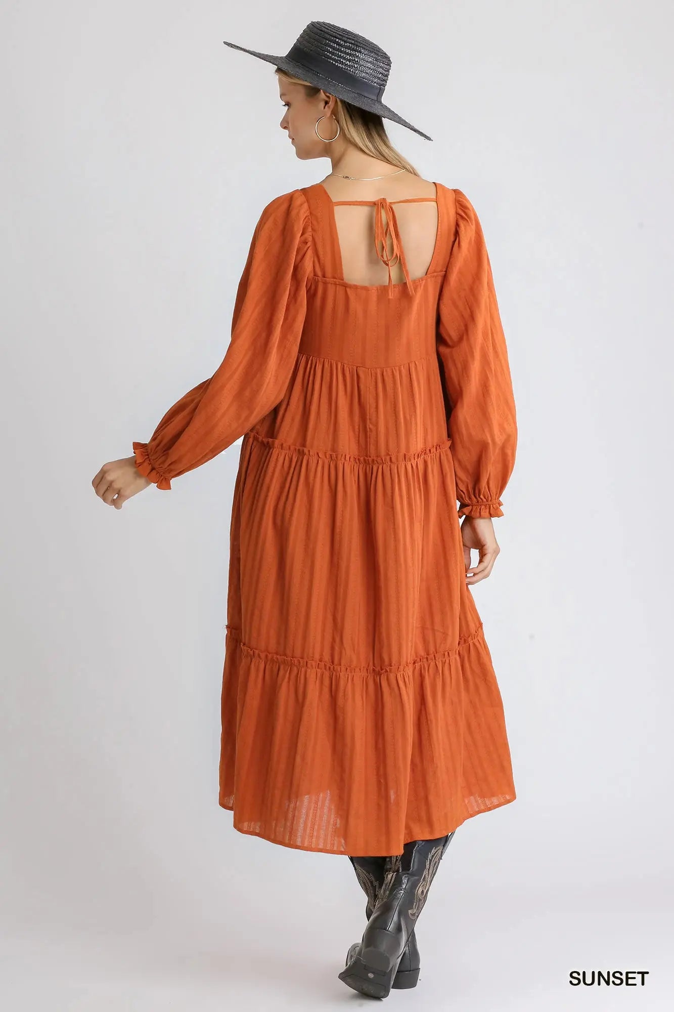 Ruffle Cuffed Long Sleeve Square Neckline Smocked Peasant Midi Dress Sunny EvE Fashion
