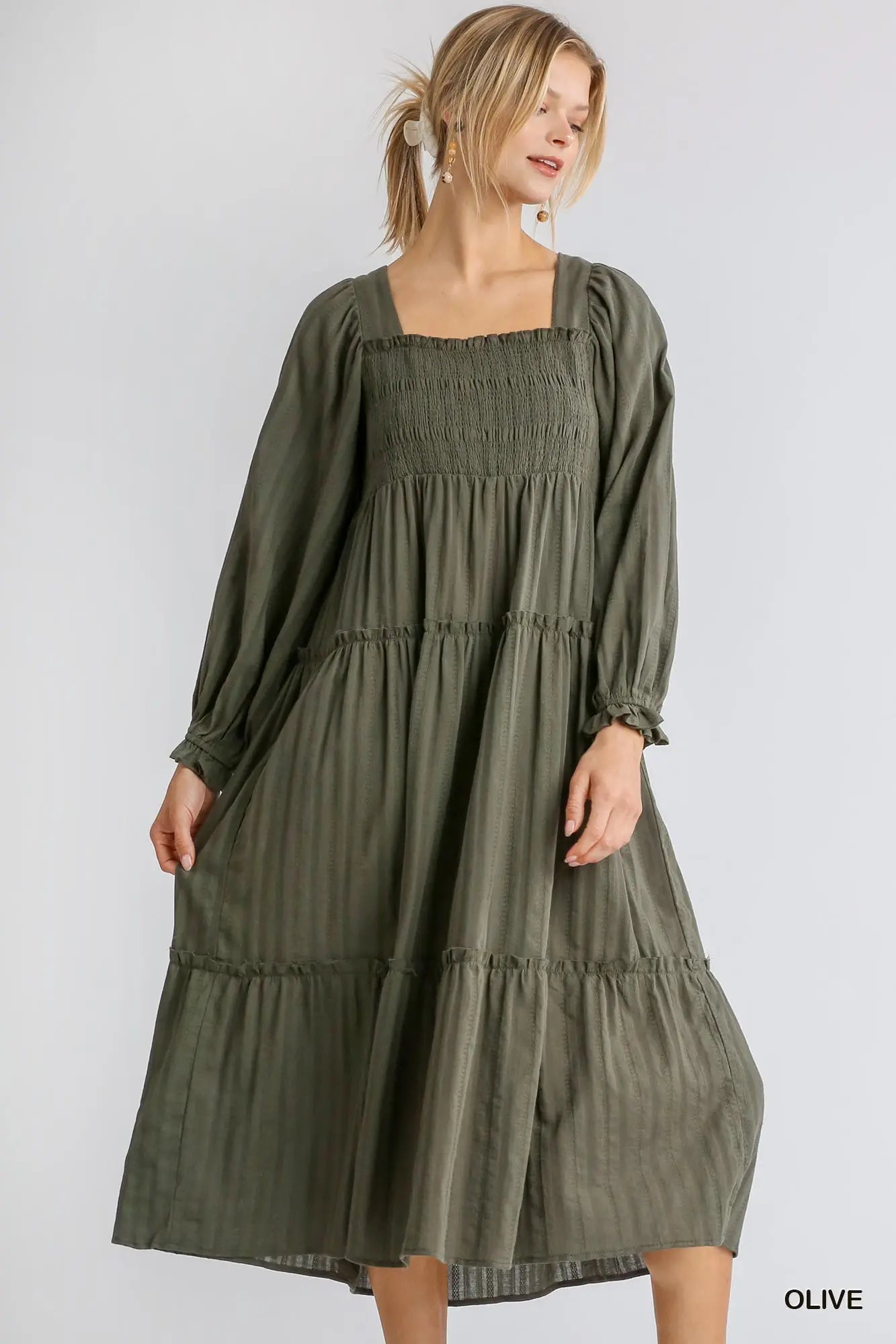 Ruffle Cuffed Long Sleeve Square Neckline Smocked Peasant Midi Dress Sunny EvE Fashion
