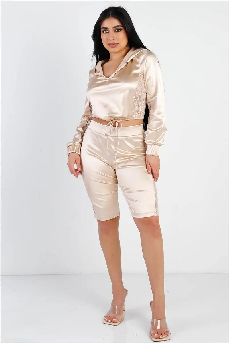 Satin Lace Details Long Sleeve Hooded Crop Top & Biker Short Set Sunny EvE Fashion