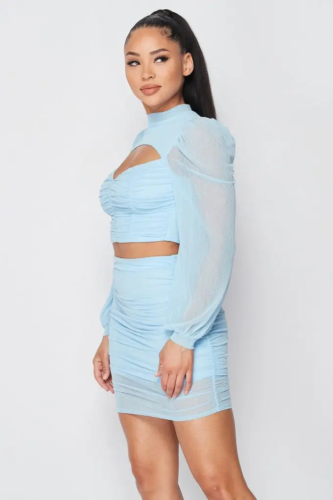 Sexy Sheer Cutout Puff Sleeved Top And Skirt Set Sunny EvE Fashion