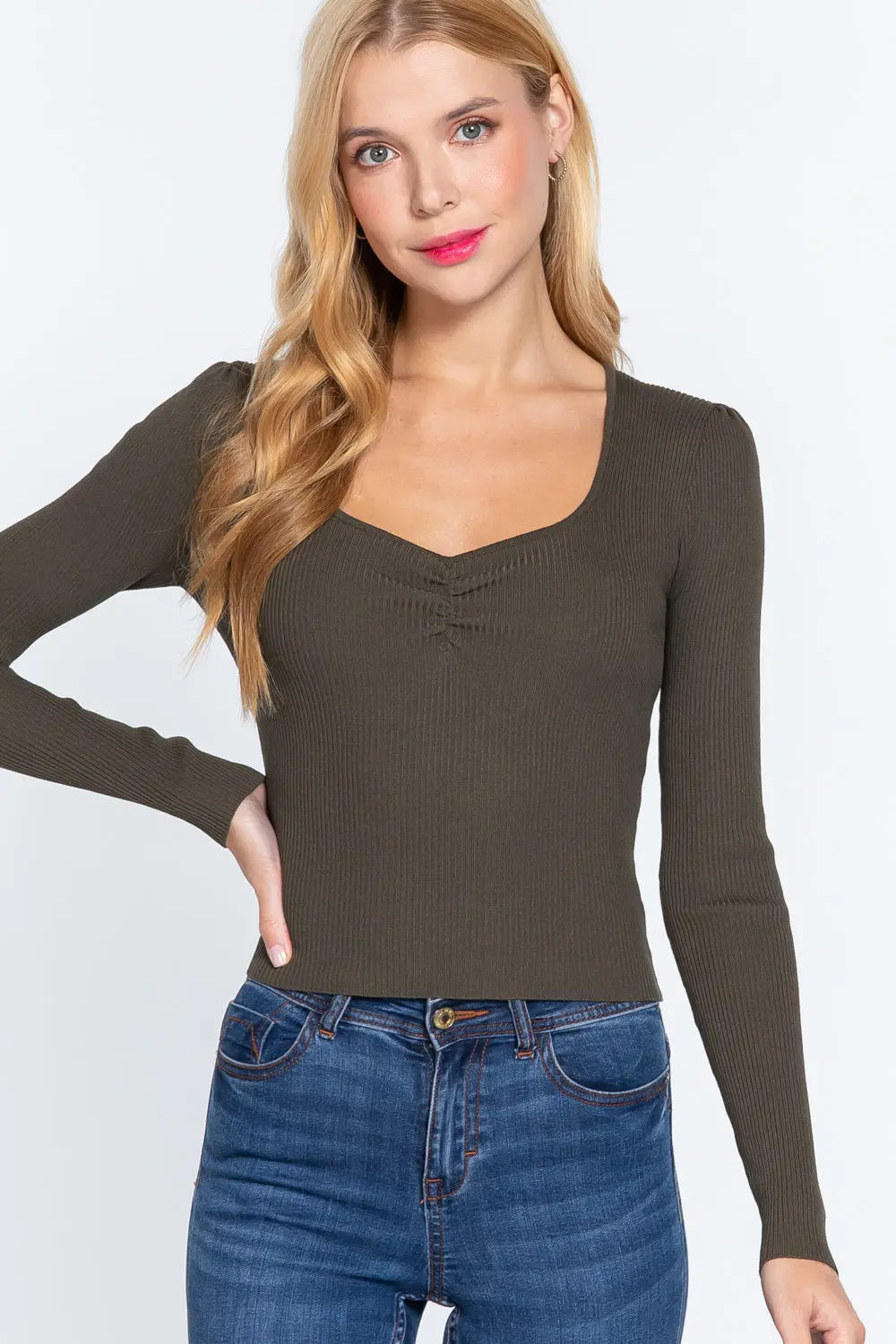 Shirring Sweatheart Neck Sweater Sunny EvE Fashion