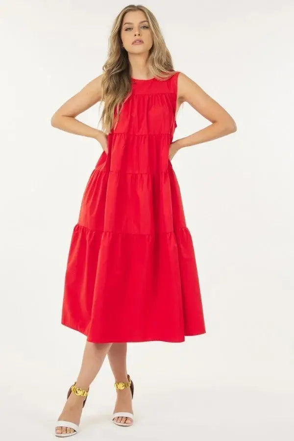 Sleeveless Basic Stretch Poplin Dress With Layers Sunny EvE Fashion