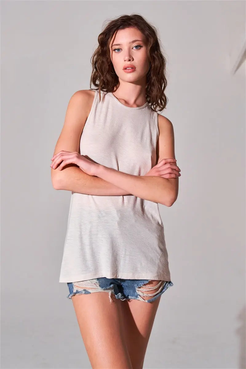 Sleeveless Crew Neck Cut-out Back Detail Longline Top Sunny EvE Fashion