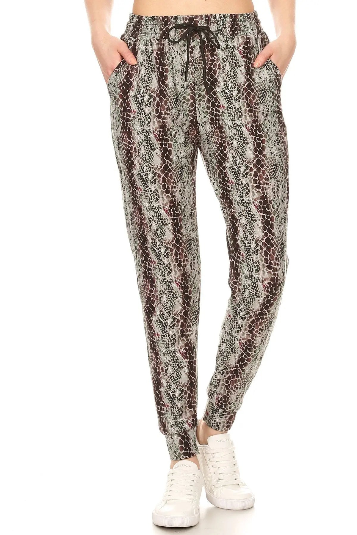 Snakeskin Printed Joggers With Solid Trim, Drawstring Waistband, Waist Sunny EvE Fashion