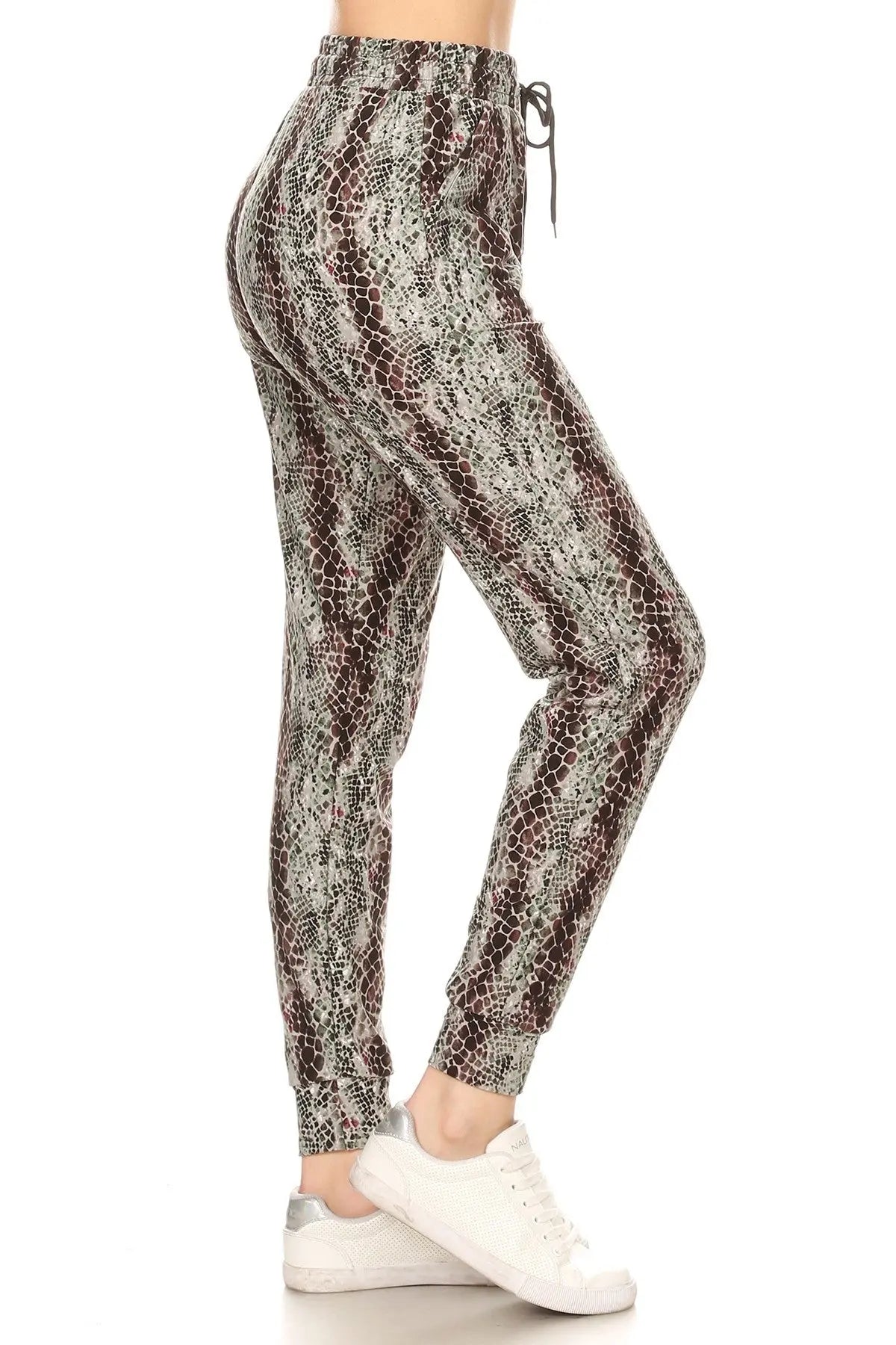 Snakeskin Printed Joggers With Solid Trim, Drawstring Waistband, Waist Sunny EvE Fashion