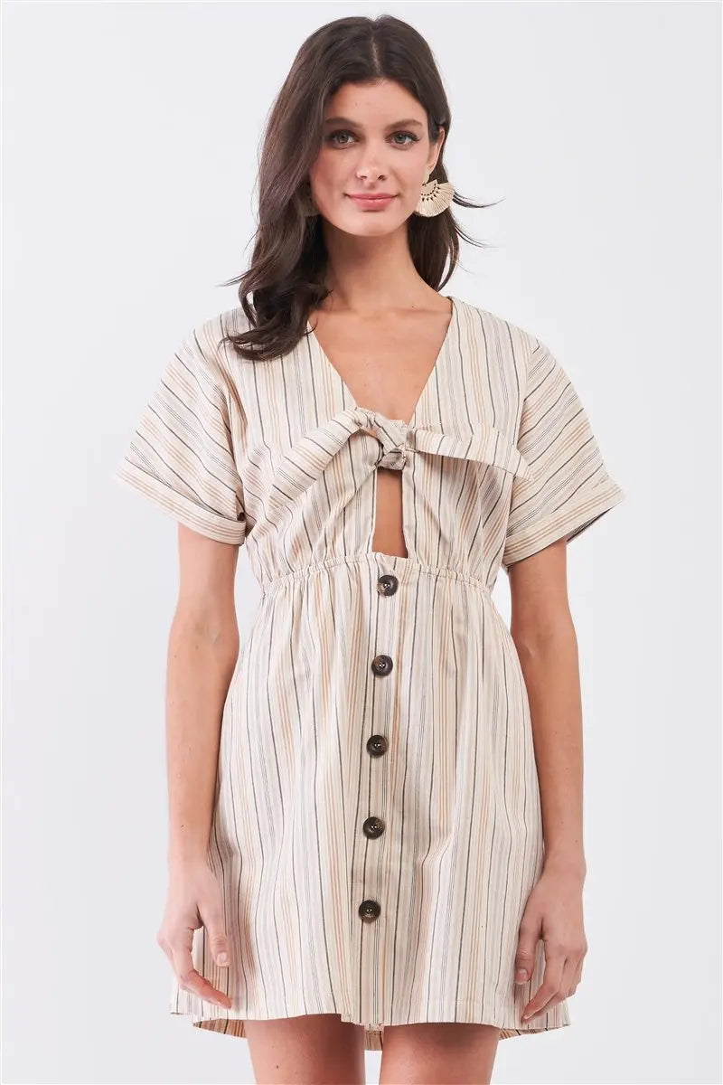 So 90s! Striped Self-tie Front Detail Short Sleeve Button Down Mini Shirt Dress Sunny EvE Fashion