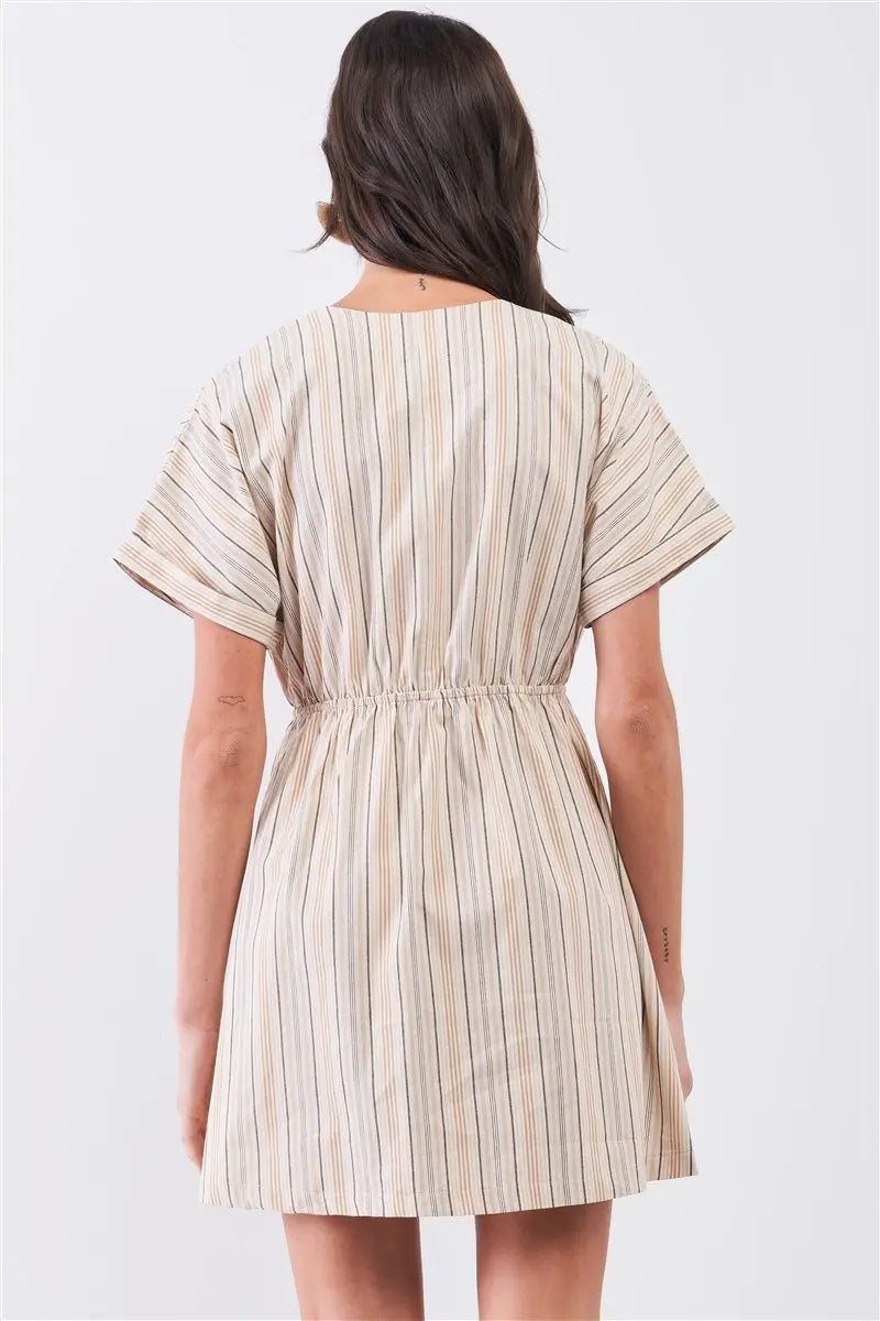So 90s! Striped Self-tie Front Detail Short Sleeve Button Down Mini Shirt Dress Sunny EvE Fashion