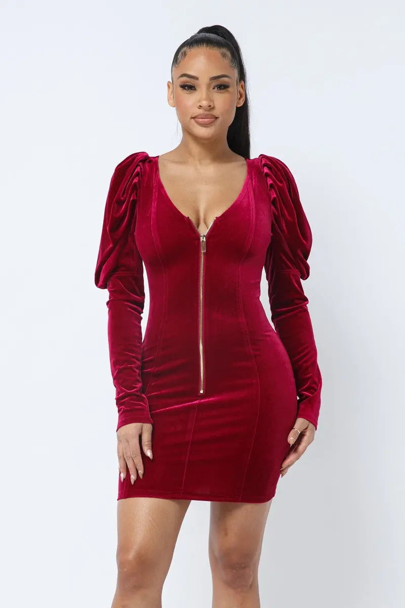 Soft Velvet Pleated Puff Sleeve Low V Neck Front And Back Mini Dress Sunny EvE Fashion