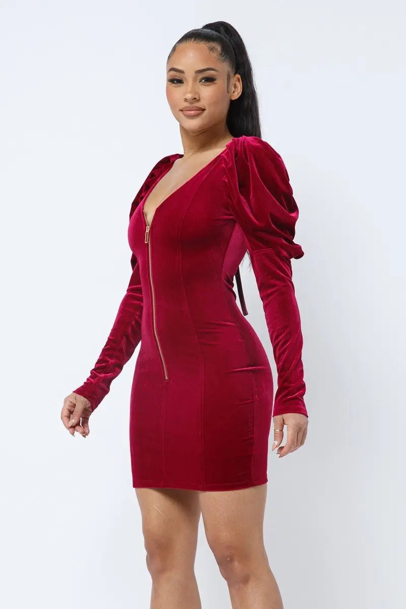 Soft Velvet Pleated Puff Sleeve Low V Neck Front And Back Mini Dress Sunny EvE Fashion