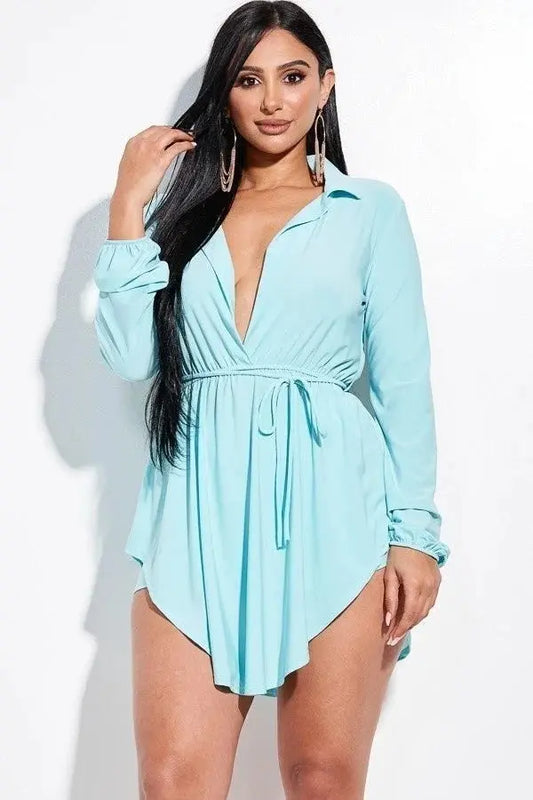 Solid Collared Long Sleeve Shirt With Waist Tie And Short Two Piece Set Sunny EvE Fashion