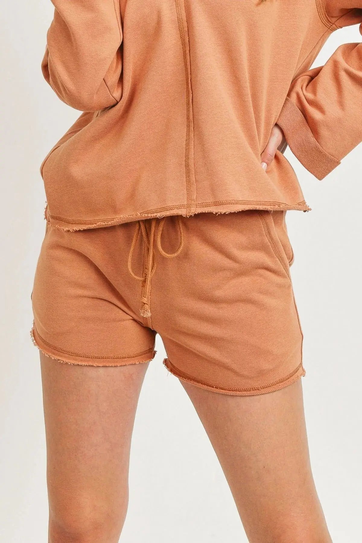 Solid French Terry Waist String With Raw Bottom Hem Shorts Sunny EvE Fashion